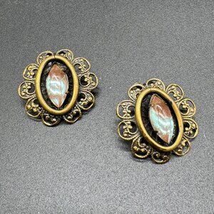 Vintage Clip-on Earrings Metal Filigree in Antique Gold Tone & Marquise Centre